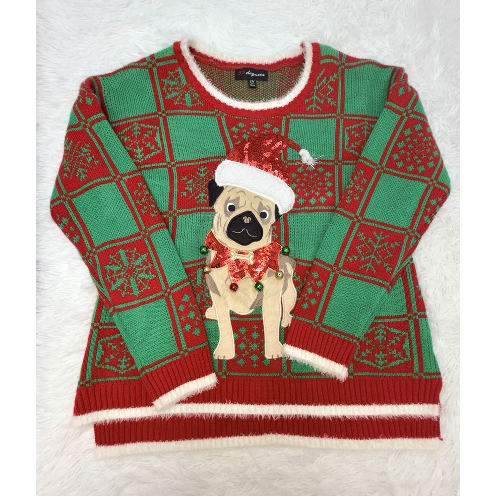33 Degrees Crowned Pug Dog Embellished XXL Ugly Christmas Sweater